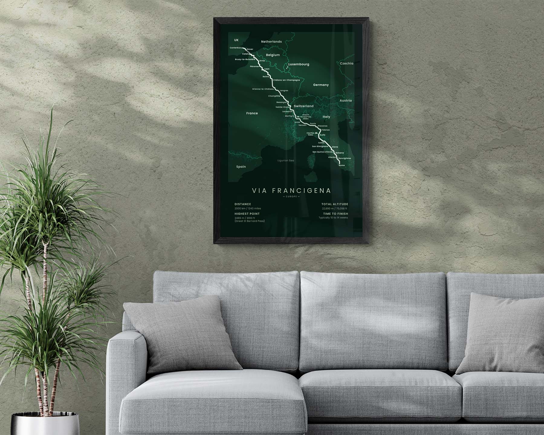 Via Romea Francigena (Switzerland, Canterbury to Rome, Italy, France, United Kingdom, Europe) Thru Hike Wall Art in Minimal Interior Decor