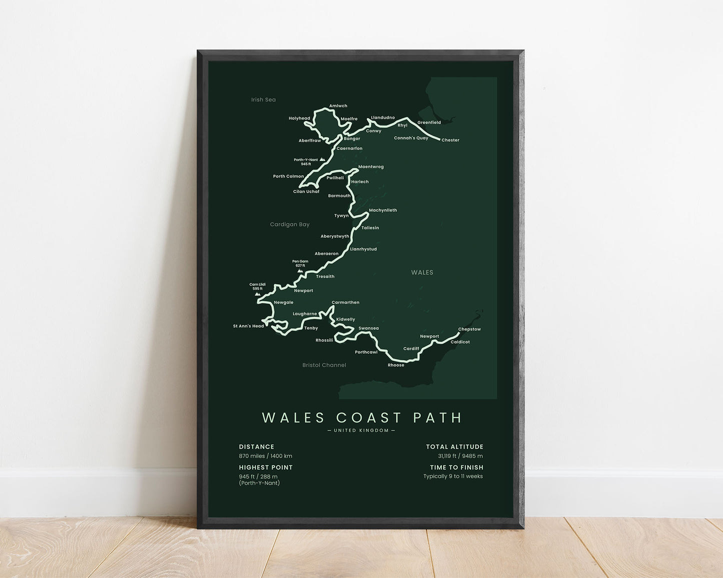 Wales Coast Path (Llyn Coastal Path) Thru-Hike Map Art with Green Background