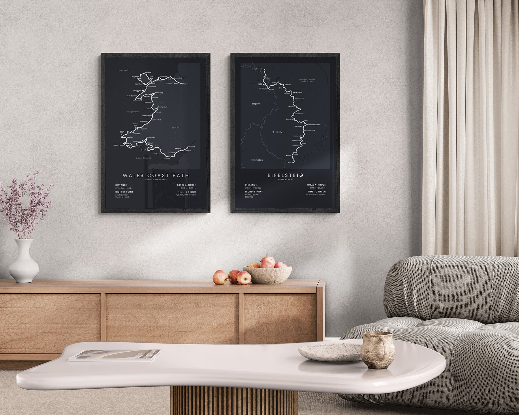 Wales Coast Path (United Kingdom) Route Map Art in Minimal Room Decor
