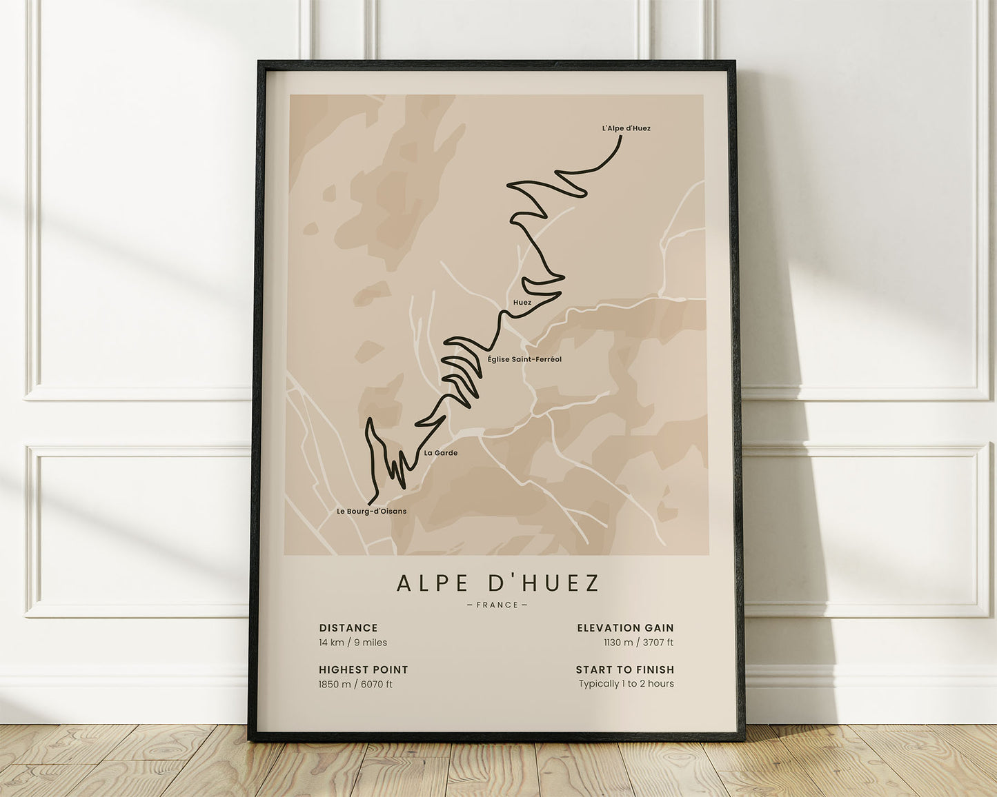 Alpe d'Huez (Bourg d'Oisans) cycling climb map art with Beige Background