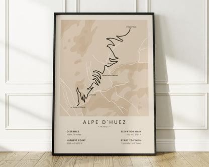 Alpe d'Huez (Bourg d'Oisans) cycling climb map art with Beige Background