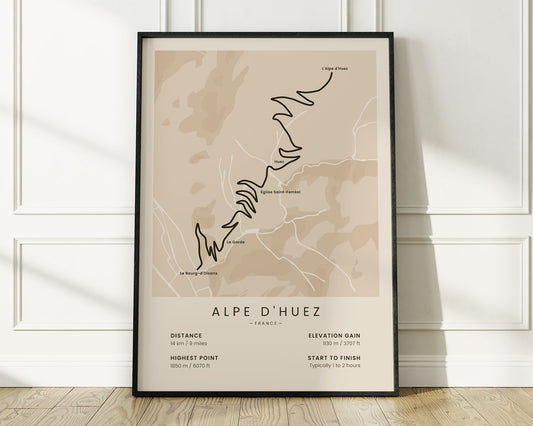 Alpe d'Huez (Bourg d'Oisans) cycling climb map art with Beige Background