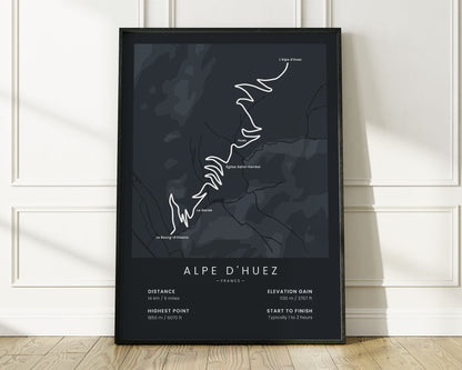 Alpe d'Huez (Tour de France) bicycle art print with Black Background