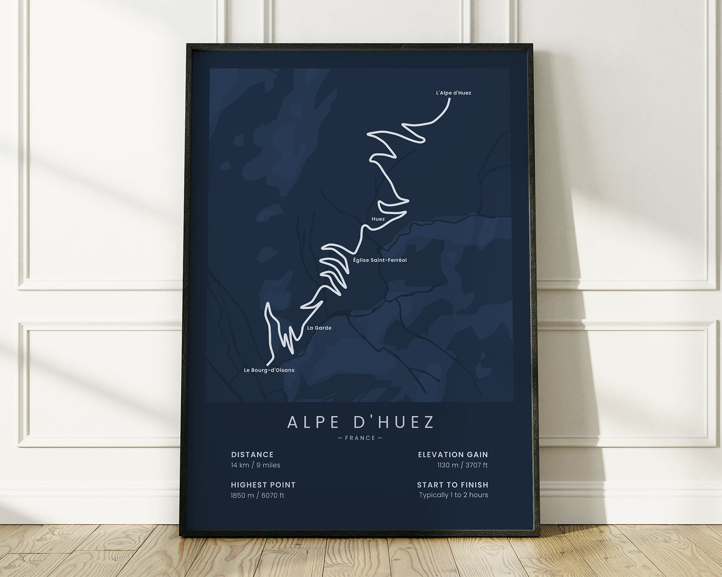 Alpe d'Huez (France) bike race wall map with Blue Background