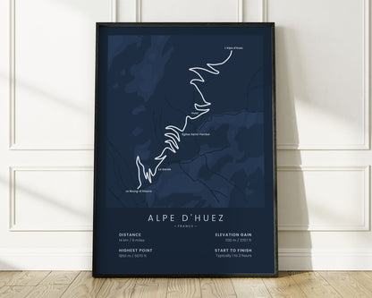Alpe d'Huez (France) bike race wall map with Blue Background