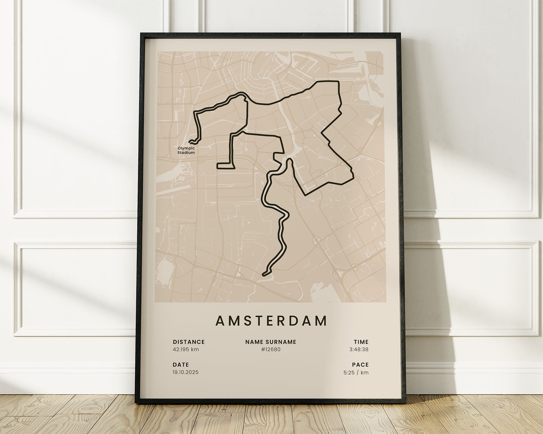 TCS Amsterdam Marathon (Netherlands) Road Race Map Art with Beige Background