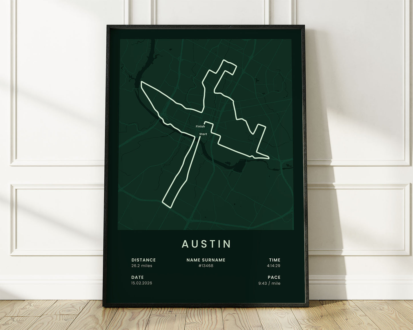 Austin Marathon (Half Marathon) Running Wall Map with Green Background