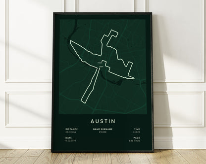 Austin Marathon (Half Marathon) Running Wall Map with Green Background