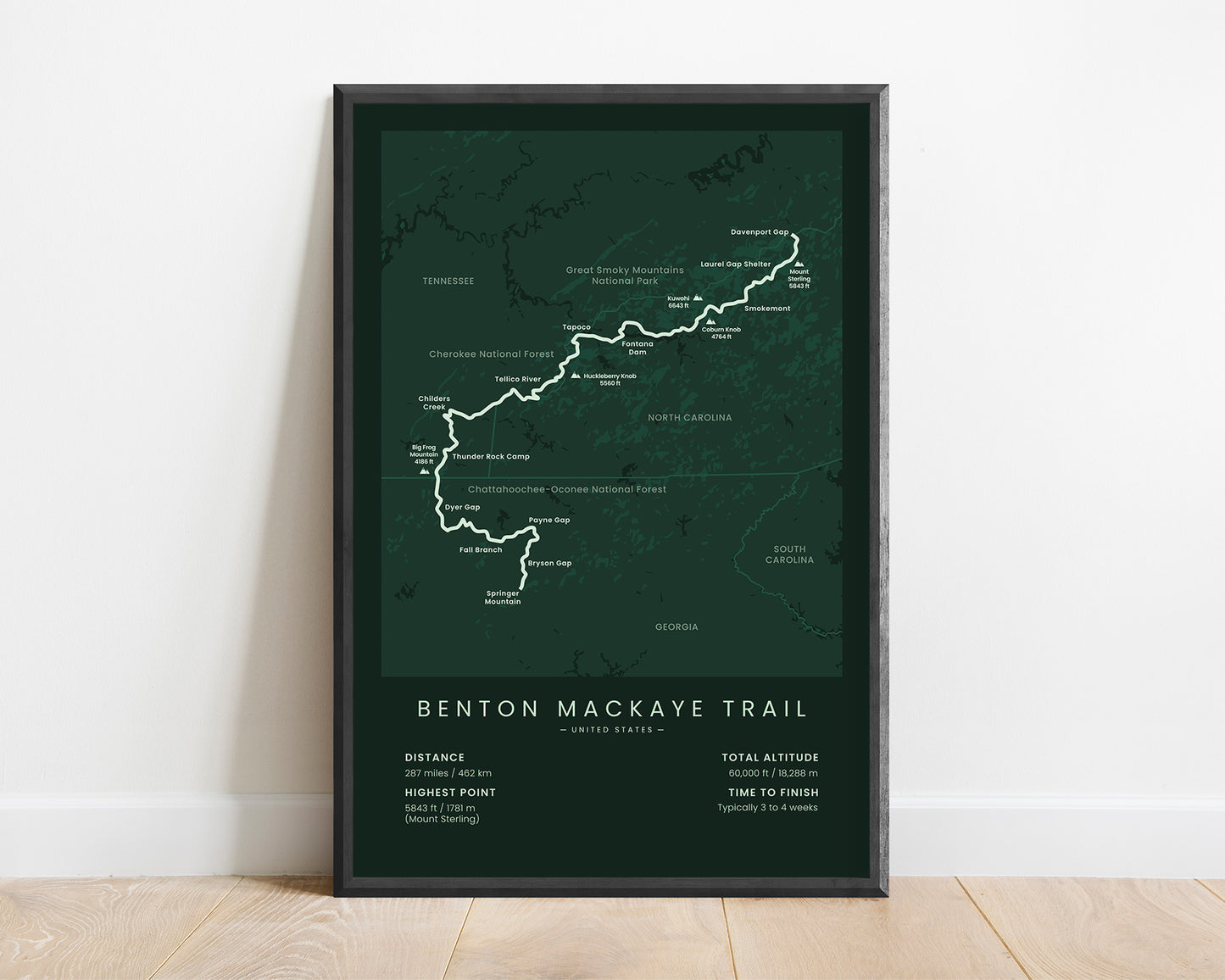 Benton MacKaye Trail (Tennessee) Thru-Hike Map Art with Green Background