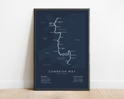 Taith Cambria (Cardiff to Conwy) Track Wall Map with Blue Background