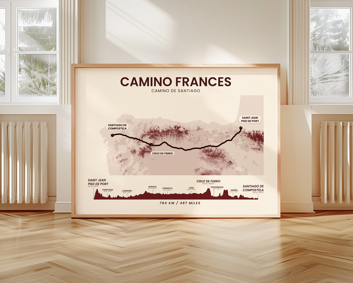 Camino Frances (Navarre) Topographic Map Poster Print with Red Background