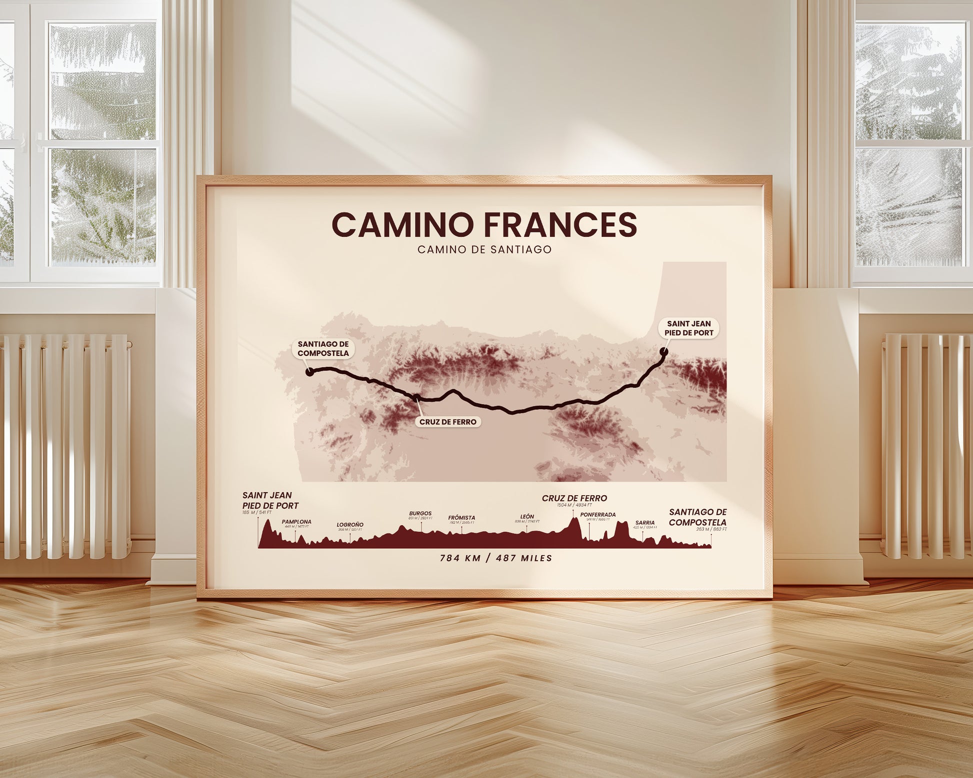 Camino Frances (Navarre) Topographic Map Poster Print with Red Background