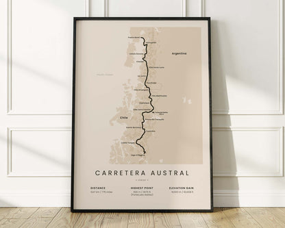 Carretera Austral (Chile) mountain biking map art with Beige Background