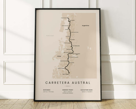 Carretera Austral (Chile) mountain biking map art with Beige Background