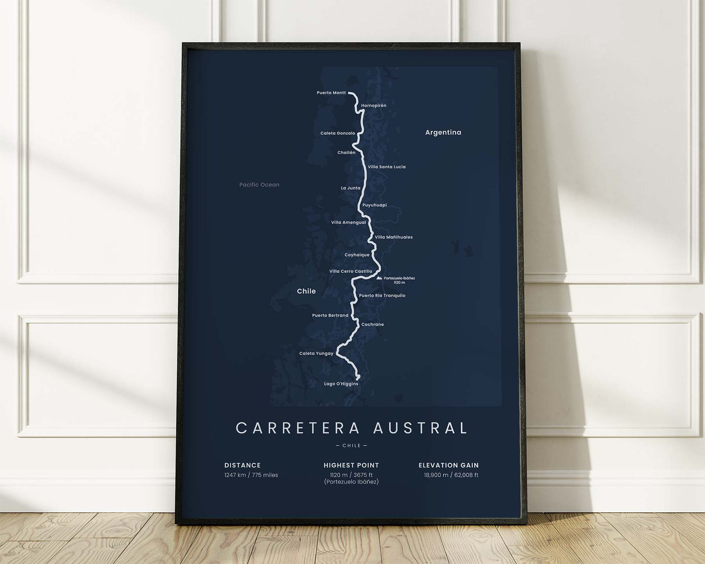 Carretera Austral (Chilean Patagonia) road cyclist wall map with Blue Background