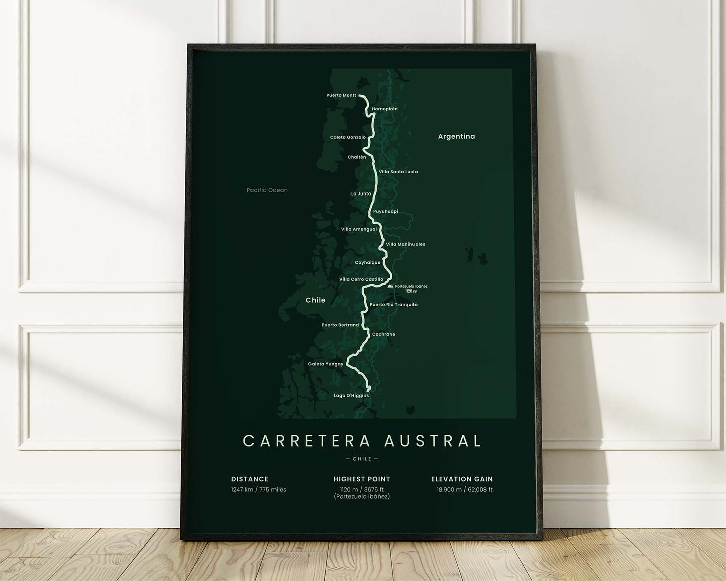 Carretera Austral (Route 7) cycling poster wall decor with Green Background