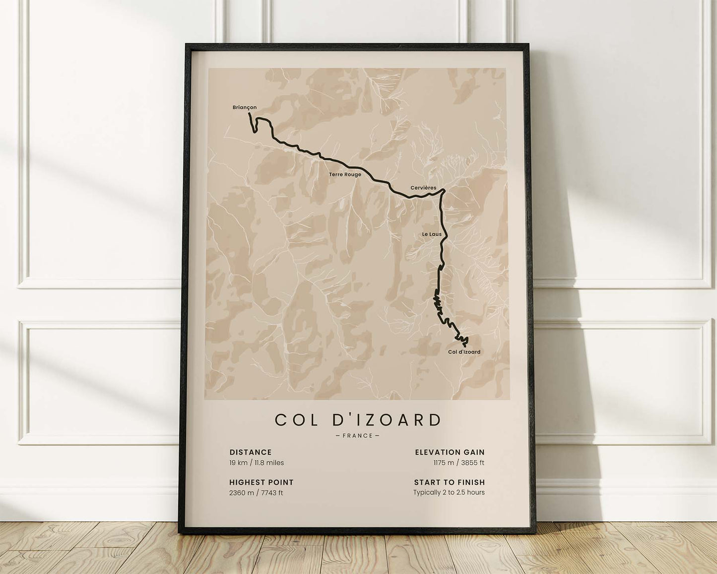 Col d’Izoard (Tour de France) road cyclist map art with Beige Background