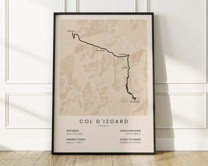 Col d’Izoard (Tour de France) road cyclist map art with Beige Background