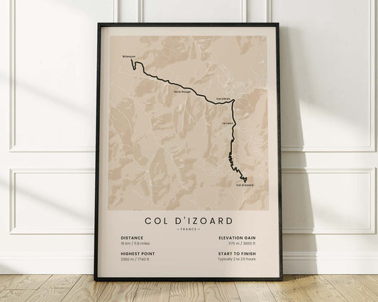 Col d’Izoard (Tour de France) road cyclist map art with Beige Background