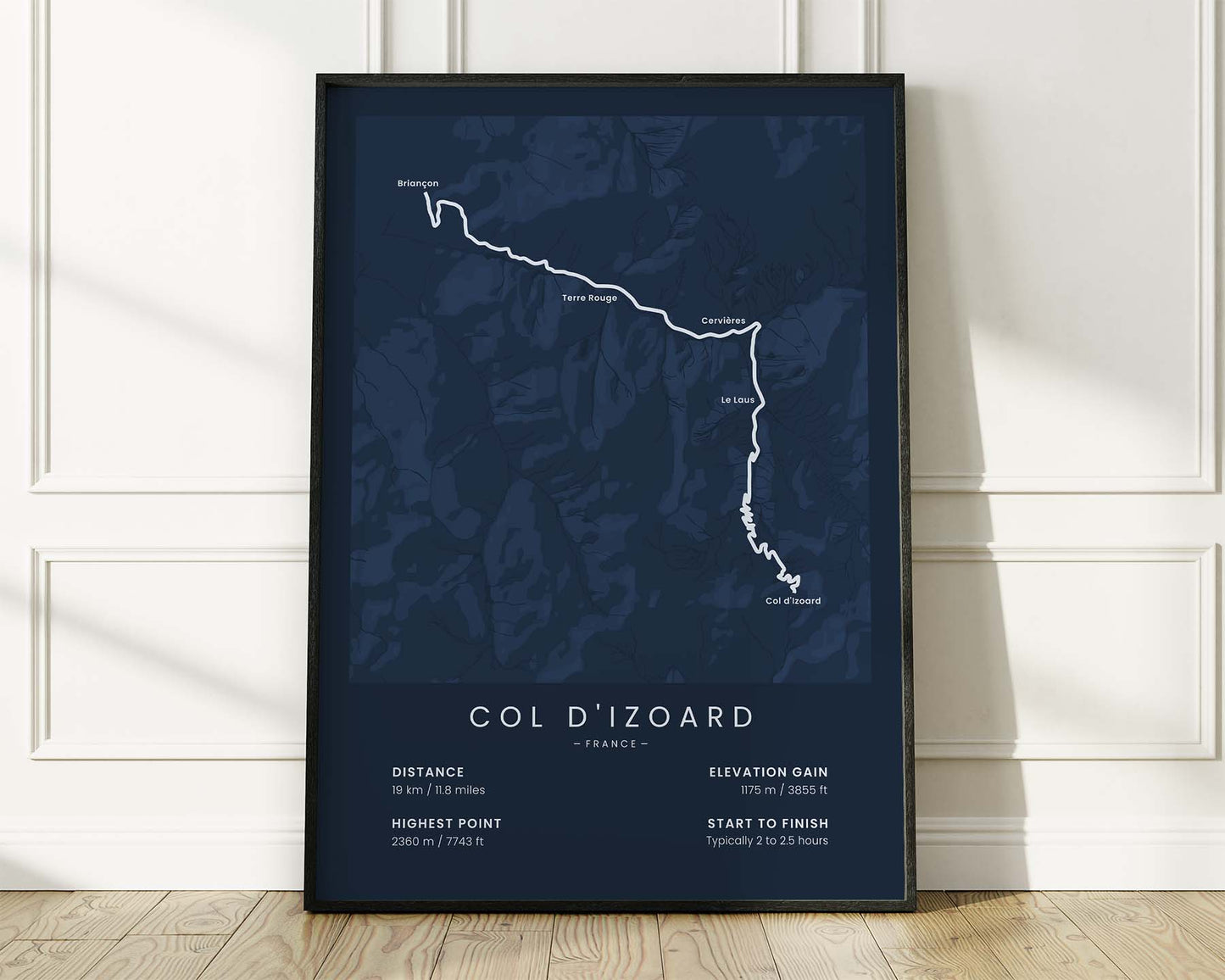 Col d’Izoard (French Alps) bike race wall map with Blue Background