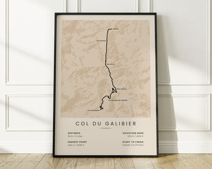 Col du Galibier (Tour de France) road cyclist map art with Beige Background