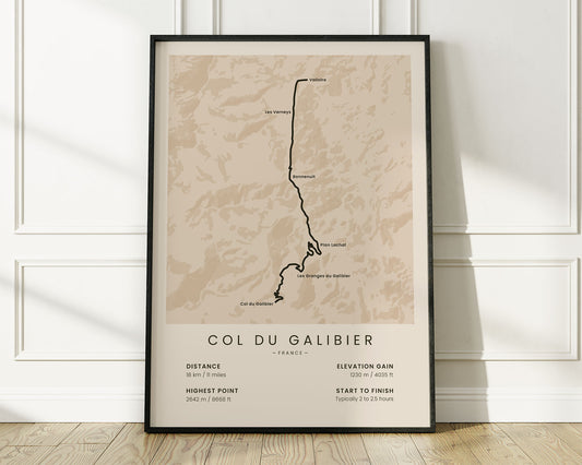 Col du Galibier (Tour de France) road cyclist map art with Beige Background