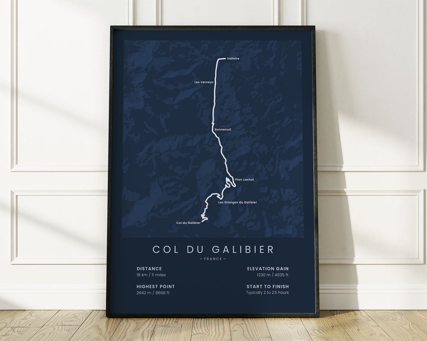 Col du Galibier (Valloire) bike race wall map with Blue Background