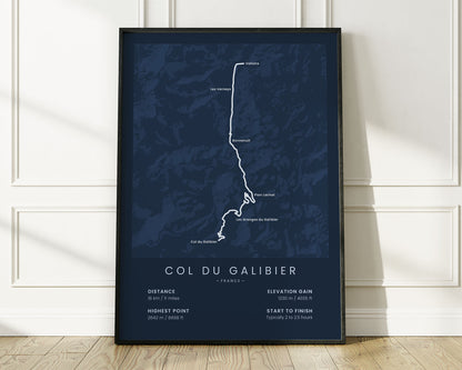 Col du Galibier (Valloire) bike race wall map with Blue Background