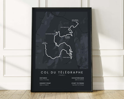 Col du Télégraphe (French Alps) bicycle art print with Black Background