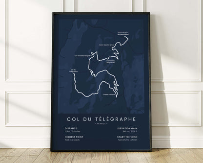 Col du Télégraphe (Saint-Michel-de-Maurienne) bike race wall map with Blue Background
