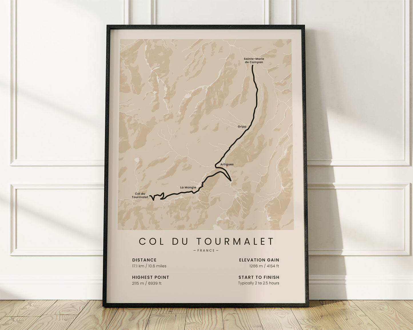 Col du Tourmalet (Tour de France) road cyclist map art with Beige Background