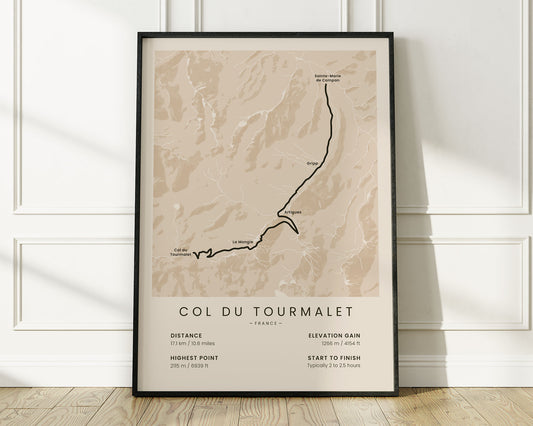 Col du Tourmalet (Tour de France) road cyclist map art with Beige Background