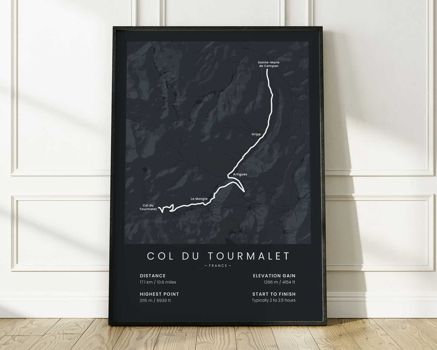 Col du Tourmalet (France) bicycle art print with Black Background