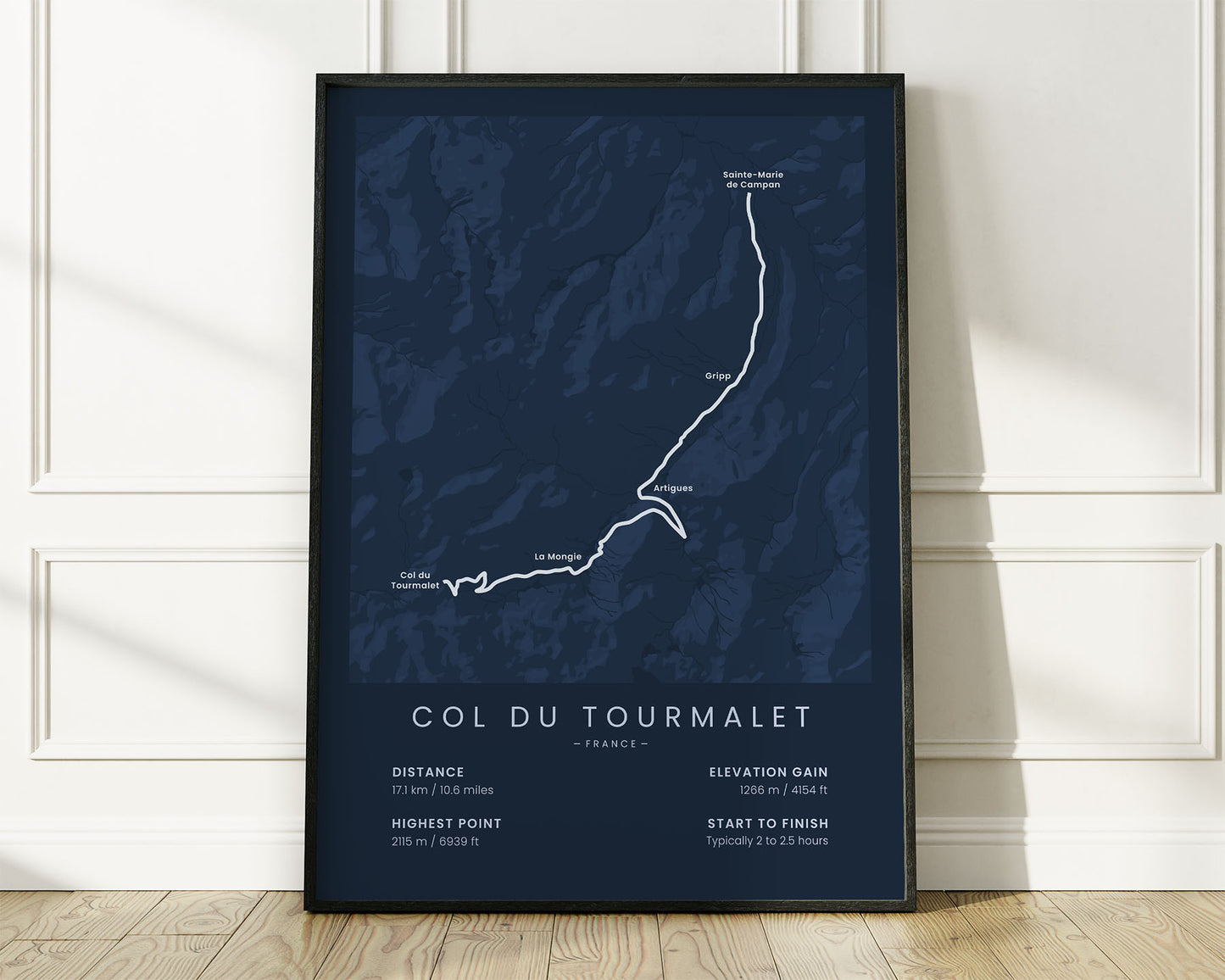 Col du Tourmalet (French Alps) bike race wall map with Blue Background