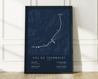 Col du Tourmalet (French Alps) bike race wall map with Blue Background