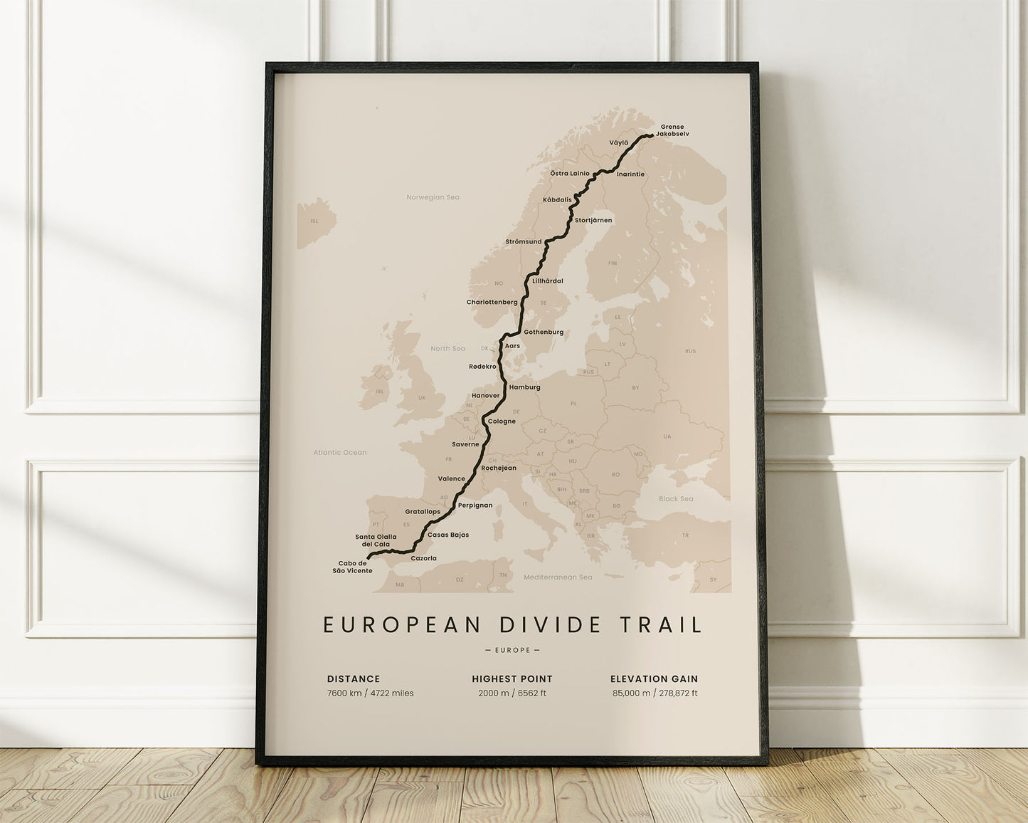 European Divide Trail (Spain) mountain biking map art with Beige Background