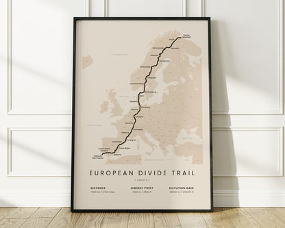 European Divide Trail (Spain) mountain biking map art with Beige Background