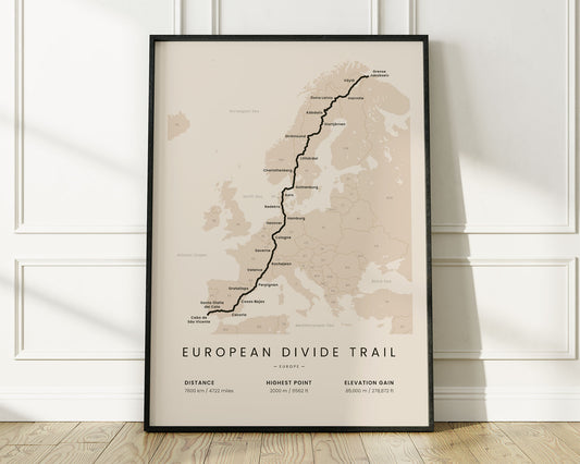 European Divide Trail (Spain) mountain biking map art with Beige Background