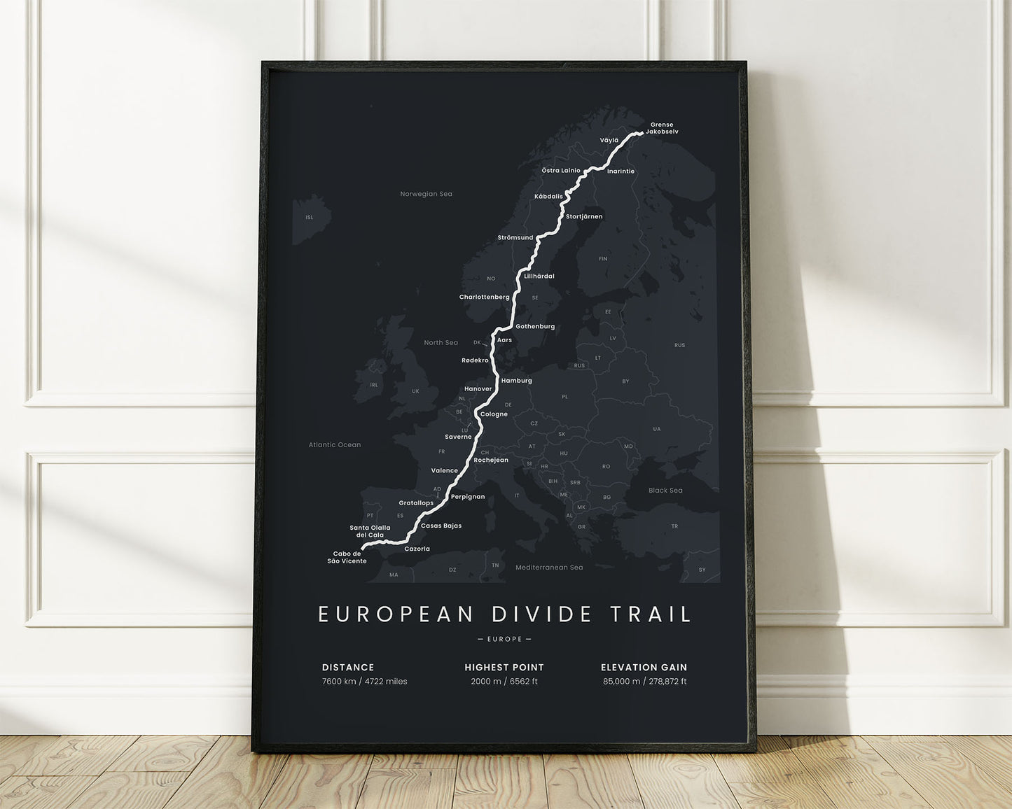 European Divide Trail (Portugal) bicycle art print with Black Background