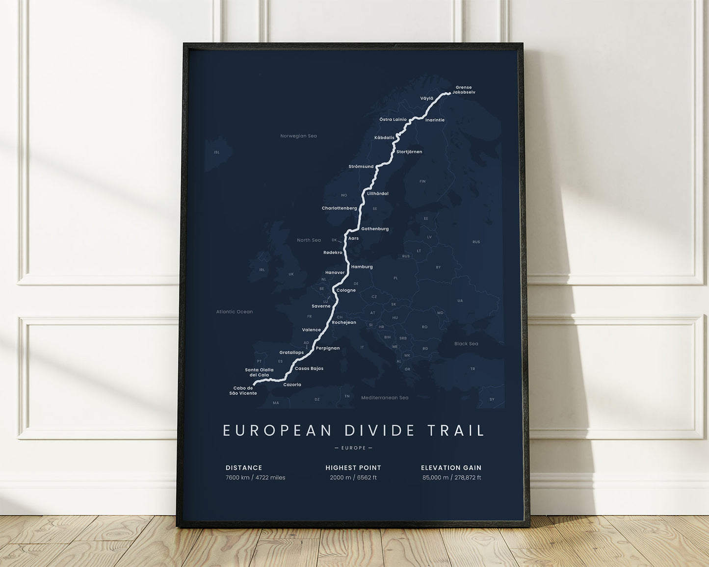 European Divide Trail (France) road cyclist wall map with Blue Background