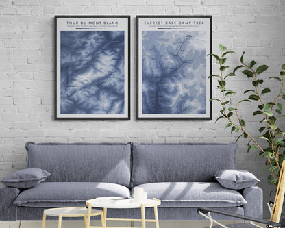 Mount Everest Trek (Nepal) Route Print with Contour Map in Modern Living Room Wall Art