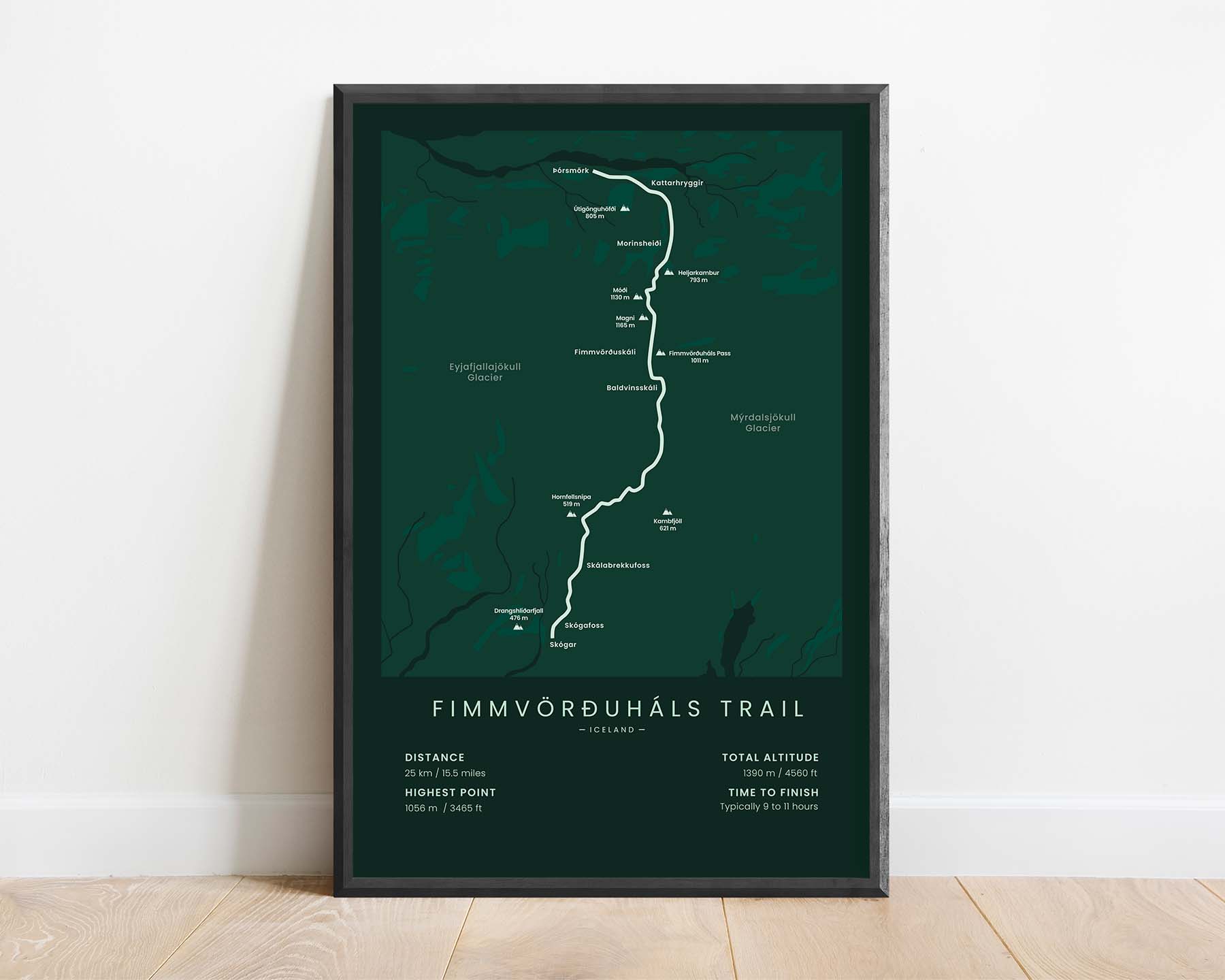 Fimmvorduhals Trail (Thorsmork) Trail Map Art with Green Background