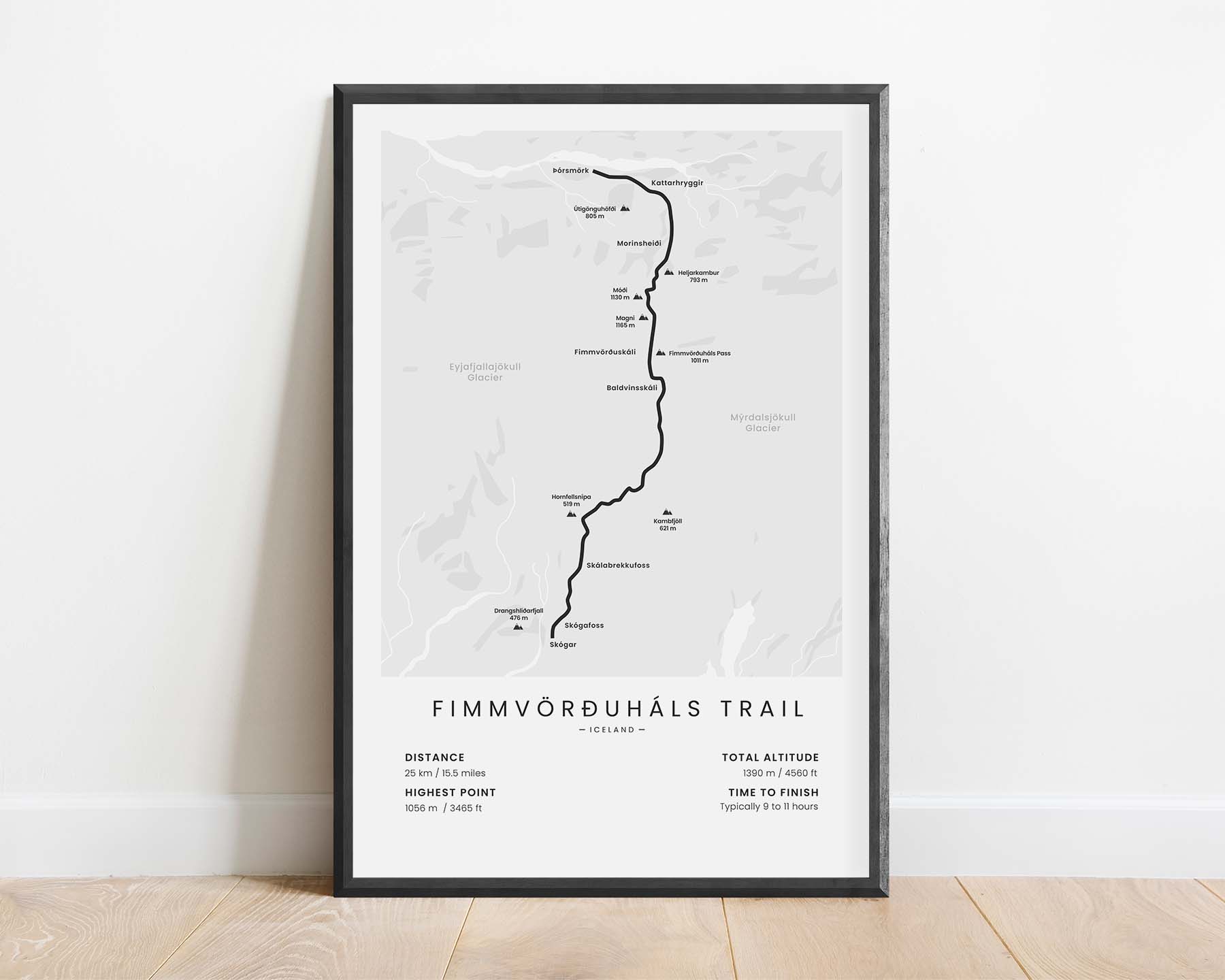 Fimmvorduhals Trail (Eyjafjallajökull) Trek Wall Map with White Background