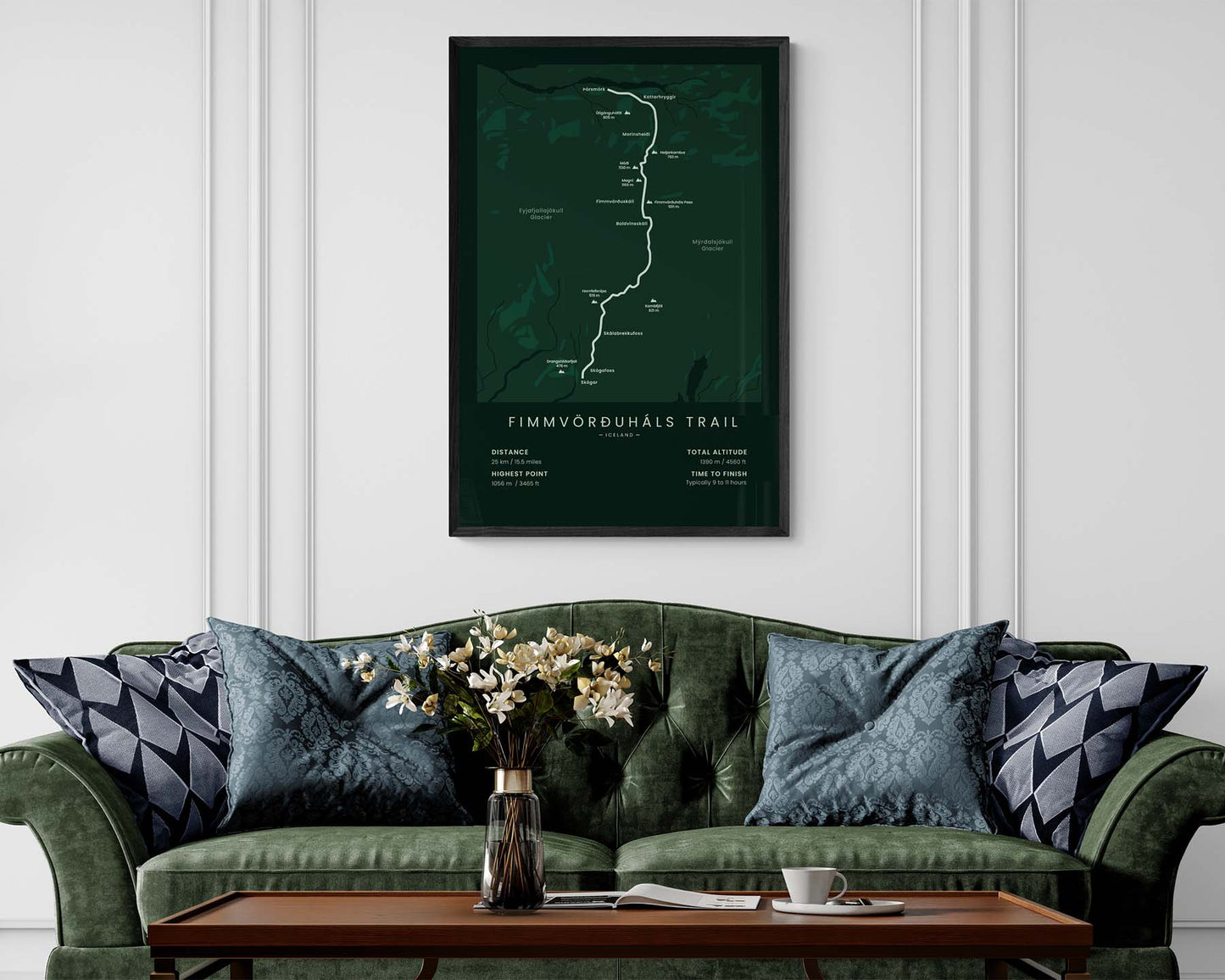 Fimmvorduhals Trail (Mýrdalsjökull) Trek Map Art in Minimal Living Room Decor