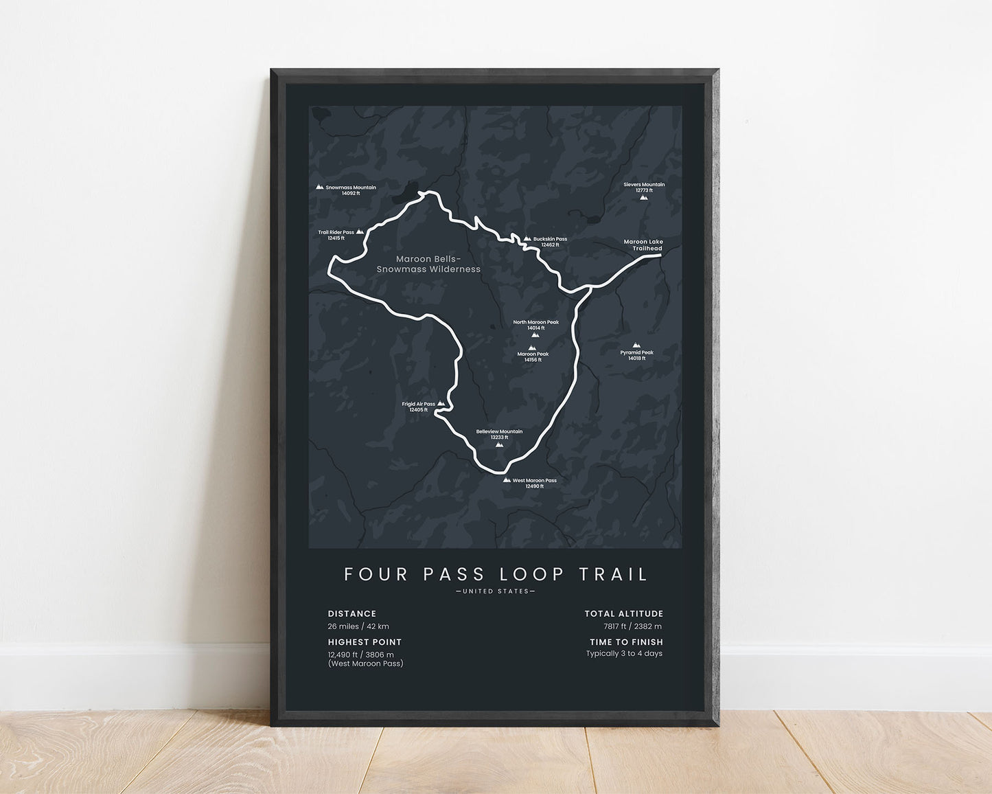 Four Pass Loop (Snowmass Lake) route wall map with black background