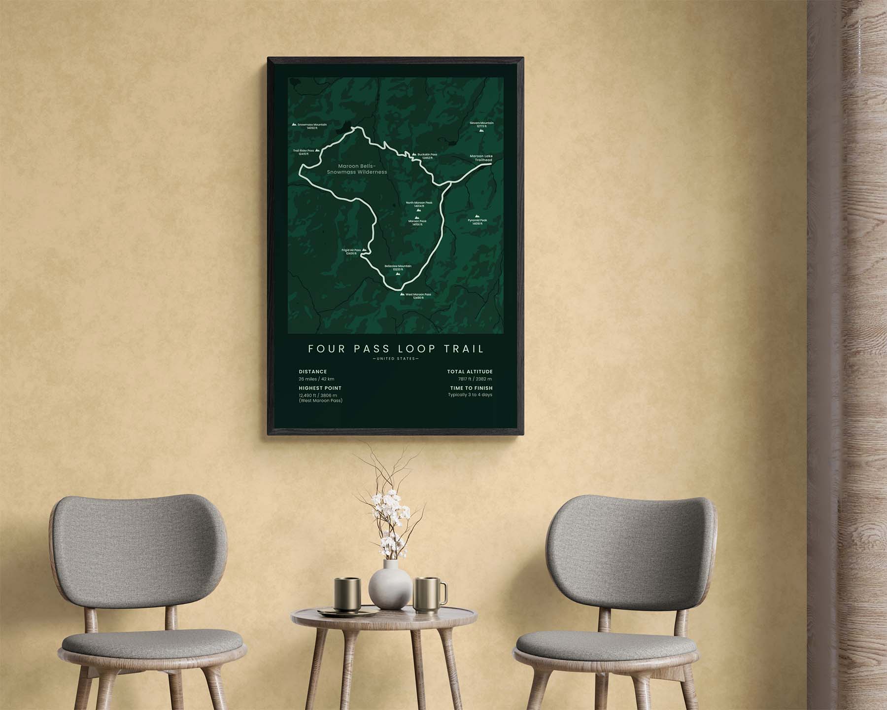 Four Pass Loop (Crater Lake) hike poster in minimal room decor