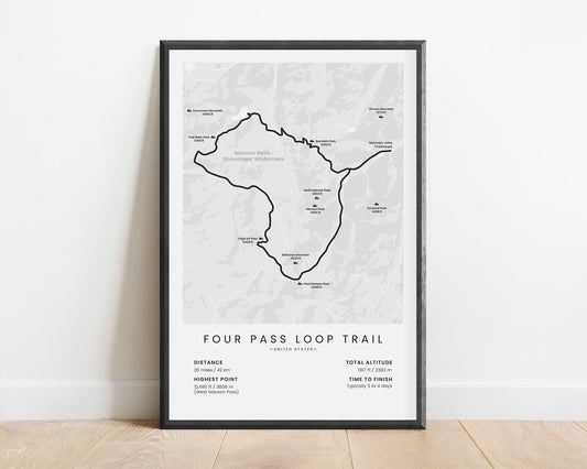 Four Pass Loop (Colorado) trail poster with white background