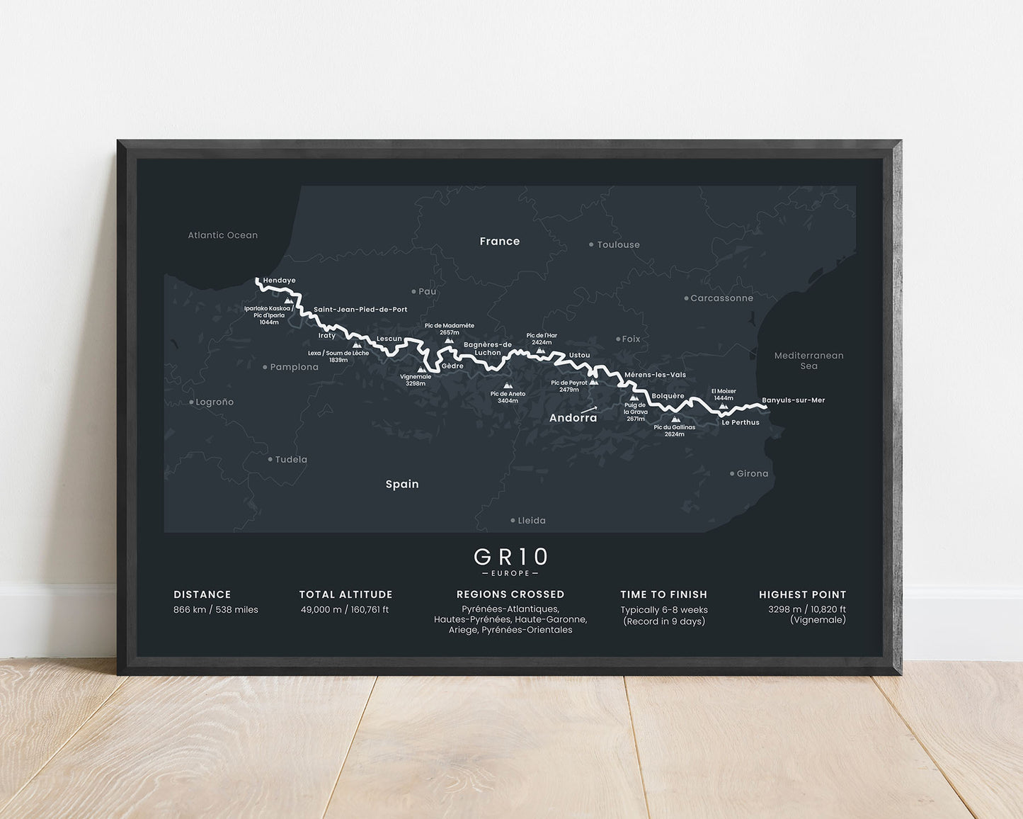 GR10 (From the Atlantic Ocean to the Mediterranean Sea) hiking trail wall map with black background