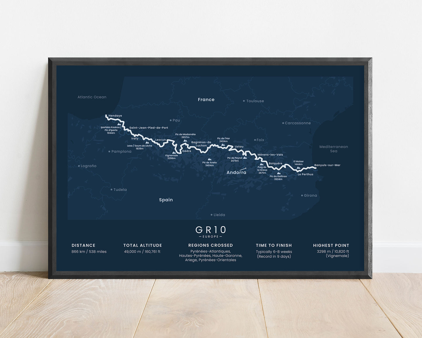 GR10 thru hike poster map with blue background