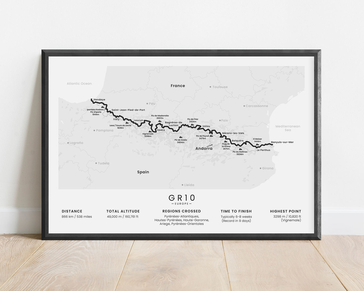 GR10 route (Crossing France, Pyrenees) poster with white background